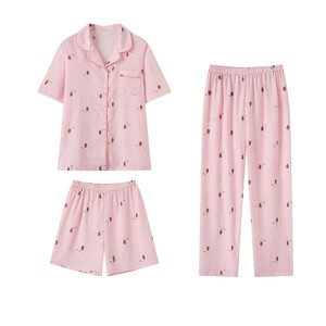 芬腾新款睡衣女夏季双层纱短袖10A抑菌棉三件套家居服舒适可外穿