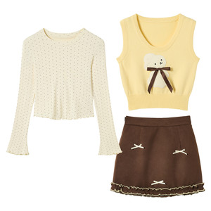 
Fabric Pig Hazelnut Muffin Keluli Sweet Suit Women's Autumn and Winter Knitted Vest Vest Bottoming Shirt Three-piece Set