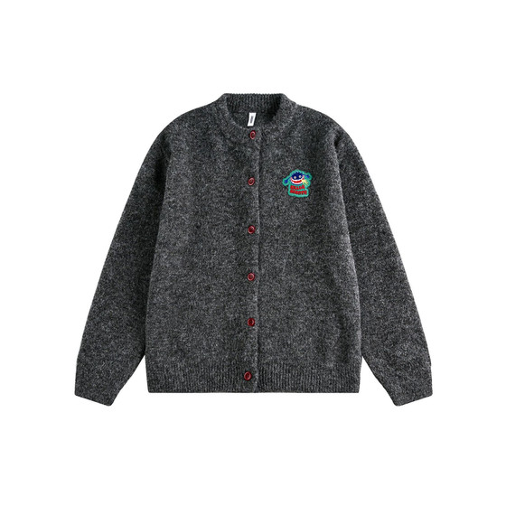 
19otiwtt retro embroidery high-end cardigan sweater men's lazy style gray couple casual sweater jacket