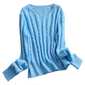 
Light gauze thin blue V-neck twisted hollow pullover sweater 2026 spring new long-sleeved women's sweater Q972