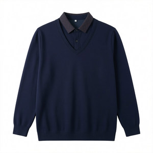 
Woodpecker Dad autumn and winter fake two-piece sweater for men with velvet and thickened inner sweater shirt collar warm sweater