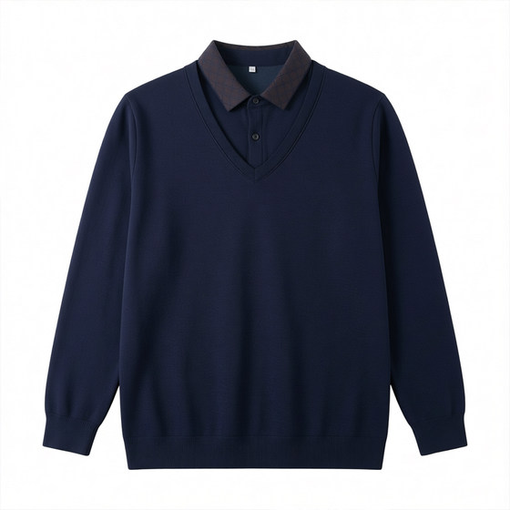 
Woodpecker Dad autumn and winter fake two-piece sweater for men with velvet and thickened inner sweater shirt collar warm sweater