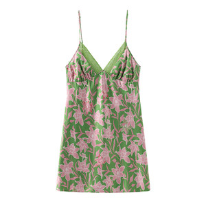 
NoirTease summer thin silk printed nightgown for women sexy lace cool sling pajamas home clothes