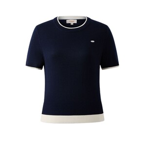 [Sheep wool] Eland knitted T-shirt women's fake two-piece round neck contrasting color short-sleeved thin short top summer