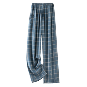 
Summer men's cotton silk pajama pants plaid home pants loose and can be worn on the outside beach trousers teenager artificial cotton