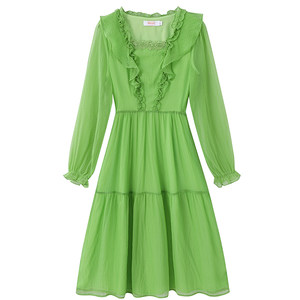 French super immortal beautiful dress female light Shufeng Fengfeng long -sleeved sunscreen temperament high waist ruffled short skirt
