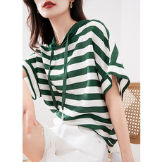 Одежда модная солнца защиты 清仓捡漏专柜剪标撤回尾单大牌外贸条纹短袖t恤雪纺连帽系带上衣