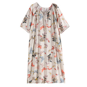 New Chinese style nightgown for women in summer cotton silk retro butterfly print mid-sleeved home artificial cotton extended dress
