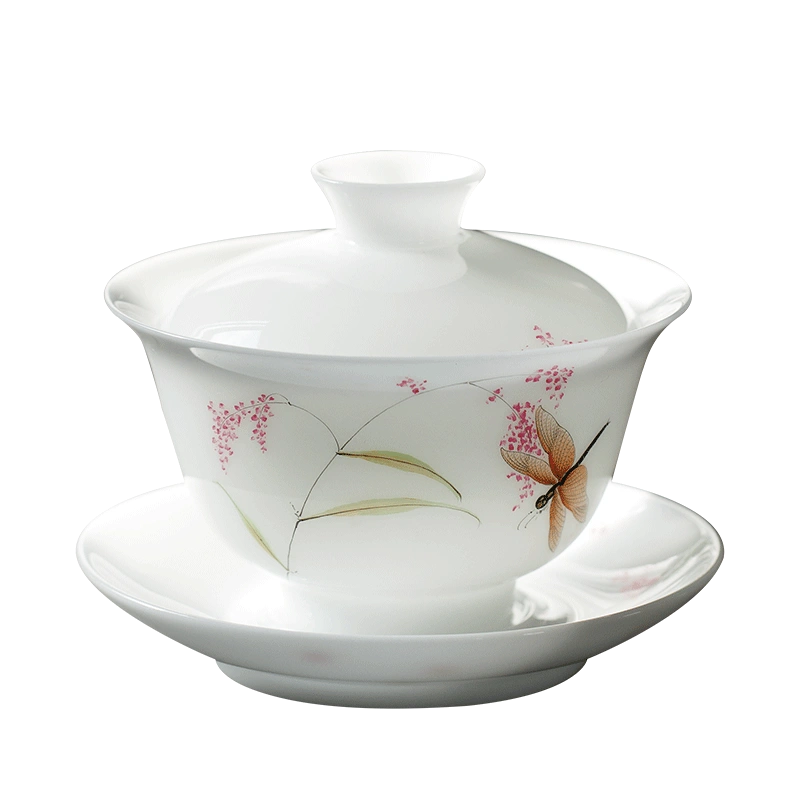 高端景德镇手绘冰种玉瓷盖碗茶杯单个白瓷三才泡茶碗薄胎功夫茶具 