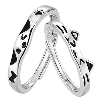 Catiro Cat and Dog Diary Couple Ring 999 Silver Simple Design Ring Birthday Gift for Boy and Girlfriend