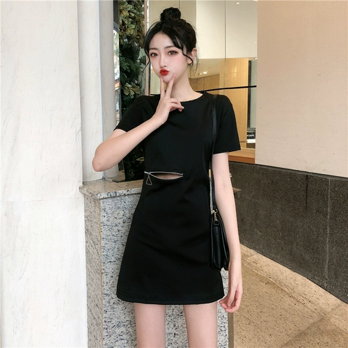 Летнее длинное платье-футболка, черный сексуальный жакет, нижняя рубашка, средней длины, популярно в интернете, короткий рукав