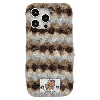 
jze autumn and winter blue brown stripes HelloKitty plush cloth label suitable for Apple 17 ProMax mobile phone case iphone15 new 16pro women 13 cute 15pro fall protection case 14