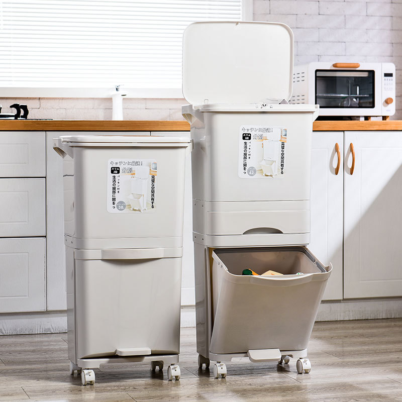 新住日式分类垃圾桶厨房双层三层干湿分离垃圾桶大号塑料家用立式