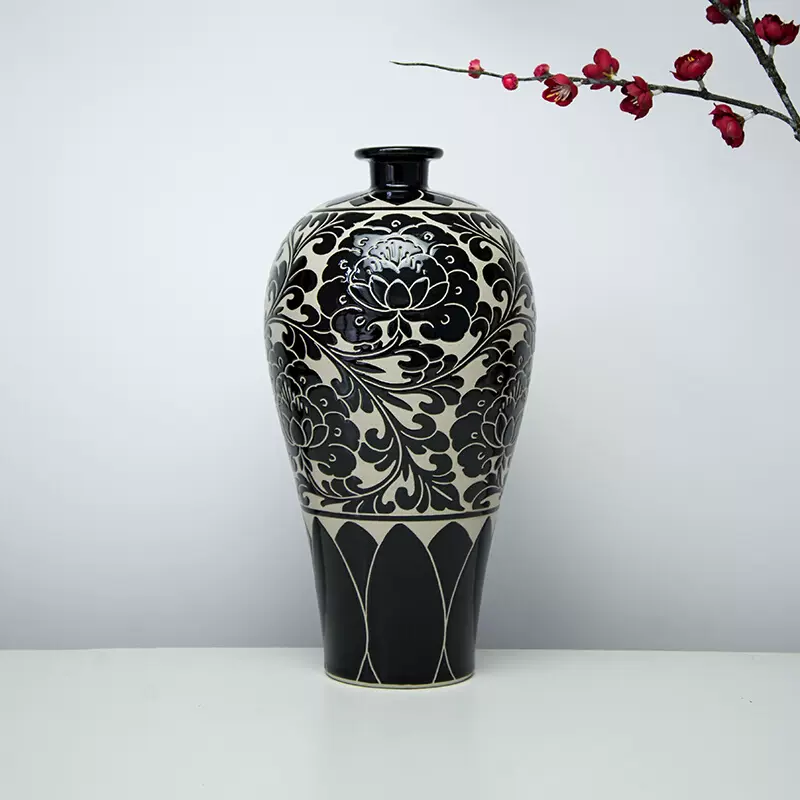 L磁州窑瓷器黑釉刻剔花两层牡丹陶瓷花瓶摆件中式家居装饰梅瓶-Taobao 
