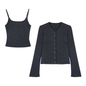 
pusumede Paris daughter French trumpet long-sleeved small fragrant style knitted cardigan women's sleeveless suspender top