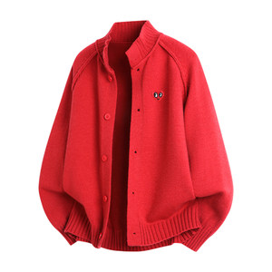 
Charles Heart Red Button Stand Collar Knitted Cardigan for Men and Women Couples Autumn and Winter Sweaters Versatile New Year Clothes