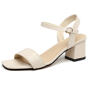 Large size women's shoes and sandals in summer new fashion style thick heels elegant high heels retro skirt beige sandals
