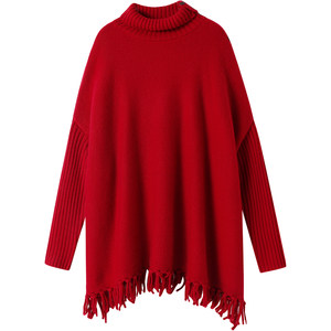 
Go wandering~Heavy thickened heavy cashmere sweater women's turtleneck tassel bat wing pure cashmere sweater loose autumn and winter