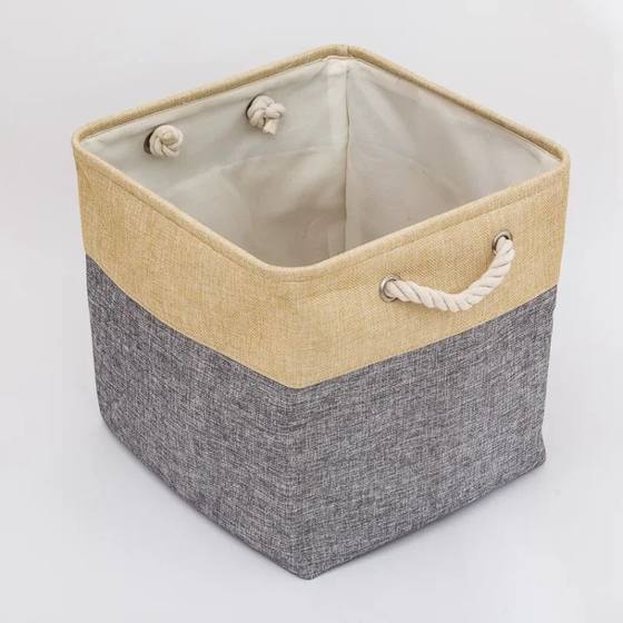 Linen Patchwork Foldable Storage Box with Cotton Rope Handle