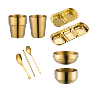 
Korean 304 stainless steel barbecue tableware set golden chopsticks spoon water cup flavor dish rice bowl bone dish dipping sauce plate
