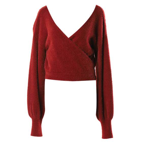
DPLAY winter commuting red V-neck imitation mink short over-knitted sweater engagement sweater top for women