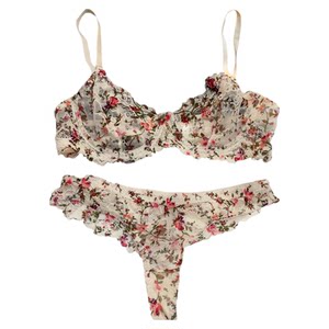 
French beige lace floral lingerie suit ultra-thin transparent pure charming girl bra sexy temptation