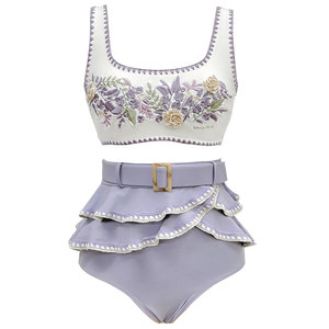 
Visual mood split swimsuit retro tray flower embroidery high and low waist slimming hot spring vacation bikini set