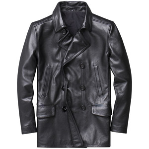 
Fashionable genuine leather windbreaker men's medium-length leather jacket imported first-layer casual cowhide leather jacket double-breasted thick leather coat