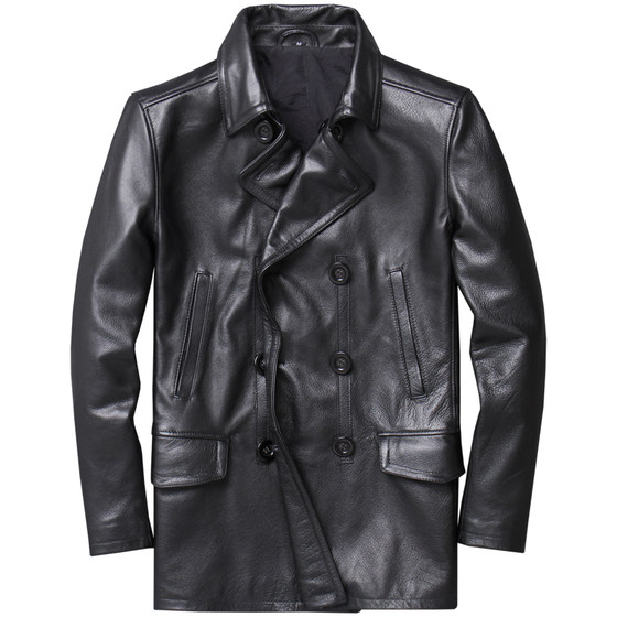 
Fashionable genuine leather windbreaker men's medium-length leather jacket imported first-layer casual cowhide leather jacket double-breasted thick leather coat