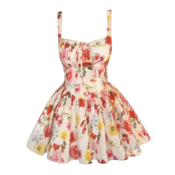 
Ready stock [I am charming] French pure lust style floral suspender skirt resort style waist-cinching A-line short skirt for women