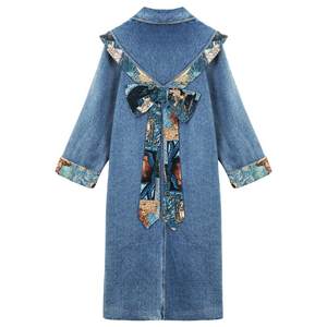 KEIKO bow girl girl Chinese cloud shoulder denim windbreaker 25 autumn jacquard splicing long jacket