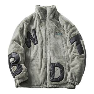 
Mr. WH street retro letter splicing lamb wool stand collar cotton coat men's trendy brand loose couple warm jacket