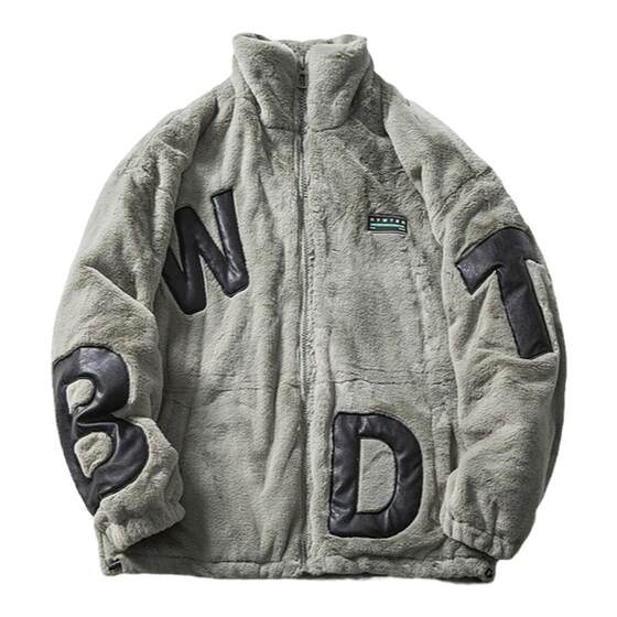 
Mr. WH street retro letter splicing lamb wool stand collar cotton coat men's trendy brand loose couple warm jacket