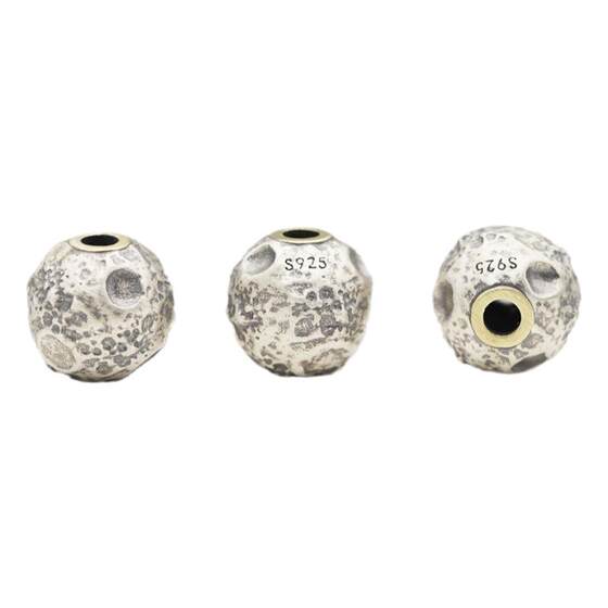 
S925 sterling silver spacer beads, copper inlaid old crater moon beads, straight hole beads, DIY silver jewelry braided rope bead accessories