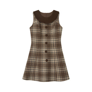 
[Snow in the Mist] Uena American retro brown plaid doll round neck short A-line woolen dress