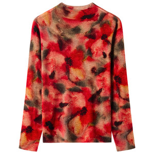 
Water-soluble wool base shirt for women with half turtle neck slim fit and thin mother-in-law printed knitted wool sweater top