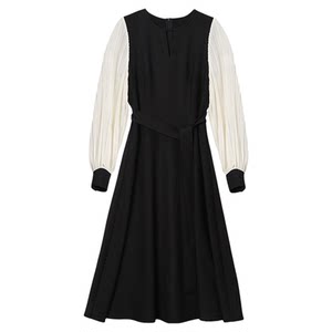 
Dahonghong [Flowers and Stars] Spring French Black Lace-up Dress Women's High Waist Temperament A-Line Long Skirt