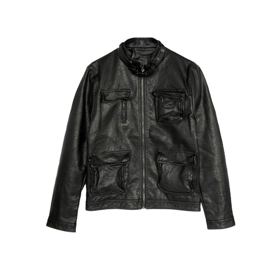 Korean version of handsome personality autumn and winter trend pocket stand -up collar leather male retro -slim -fit high -end PU leather jacket jacket
