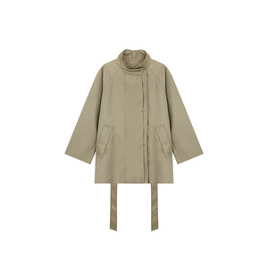 Annie's unpopular temperament silhouette lace-up waist stand-up collar windbreaker women's slightly fat large size atmospheric loose slim coat