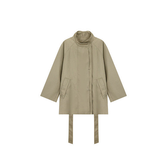 Annie's unpopular temperament silhouette lace-up waist stand-up collar windbreaker women's slightly fat large size atmospheric loose slim coat