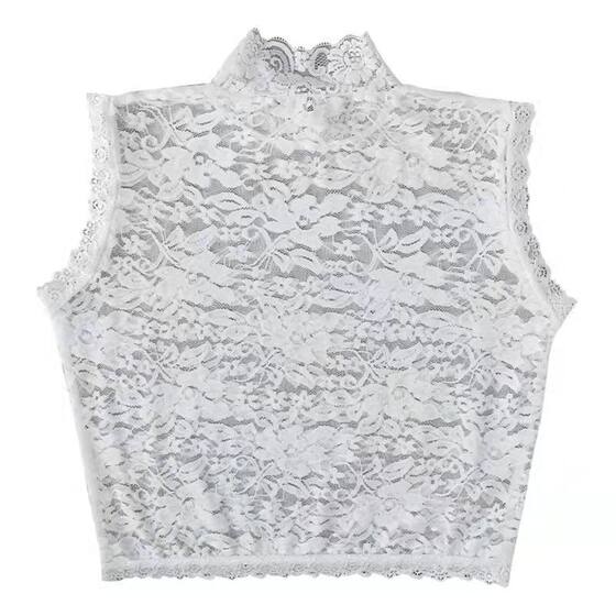 
Versatile lace fake collar women's half turtleneck sleeveless pullover bottoming shirt with decorative lace collar stretch retro red short style