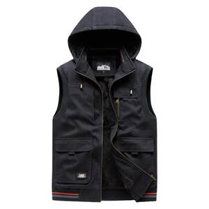 
Pure cotton work clothes plus velvet vest men's thickened warm hooded vest jacket outdoor hiking vest multi-pocket horse clip