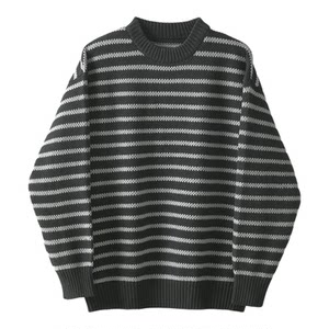 
LUUD retro relaxed contrast striped crew neck sweater men's heavy 730g jacquard texture pullover sweater