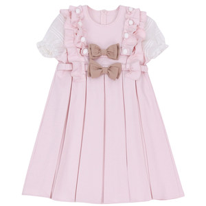 
25 Summer Princess Style Ruffled Bow Puff Sleeve High Waist A-Line Textured Pink Short Sleeve Dress