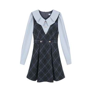 
French doll collar fake two-piece beautiful dress for women winter small fragrant style plaid blue bottoming a-line skirt