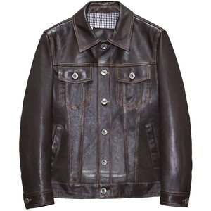 
Top layer goat genuine leather leather jacket for men and women slim short youth lapel simple casual denim jacket jacket