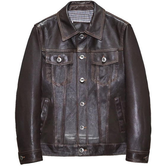 
Top layer goat genuine leather leather jacket for men and women slim short youth lapel simple casual denim jacket jacket