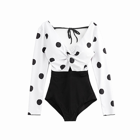 Rainy Day - Big Brand Retro Polka Dot Conservative Long sleeved Instagram Sexy Big Chest Covering Belly Slim One Piece Vacation Swimsuit for Women