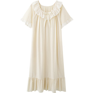 Mrs. Sili's cotton nightgown for women in summer short sleeves with chest pad sweet princess style Korean lace summer nightgown