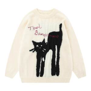 Noonoz autumn and winter American retro catlaw scraps men's tide tide brand lazy couple versatile round neck sweater